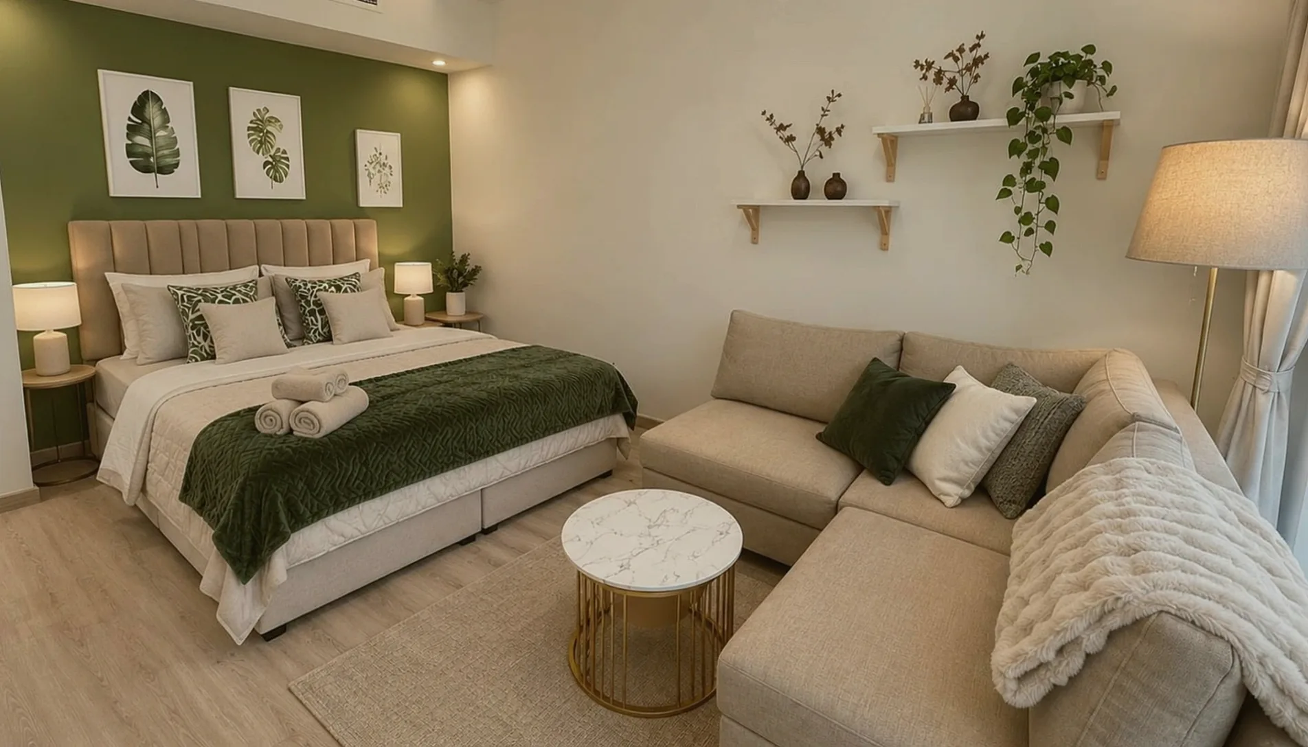 After Donna Branka: The studio finished: a living corner with a sofa, shelves with plants and a reading lamp beside the bed.
