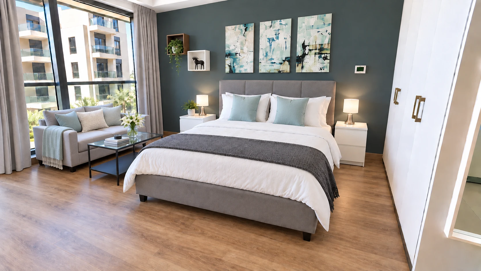The same bedroom with High-End Airbnb: a feature wall, wood floor, sofa corner, throws, cushions and plants.